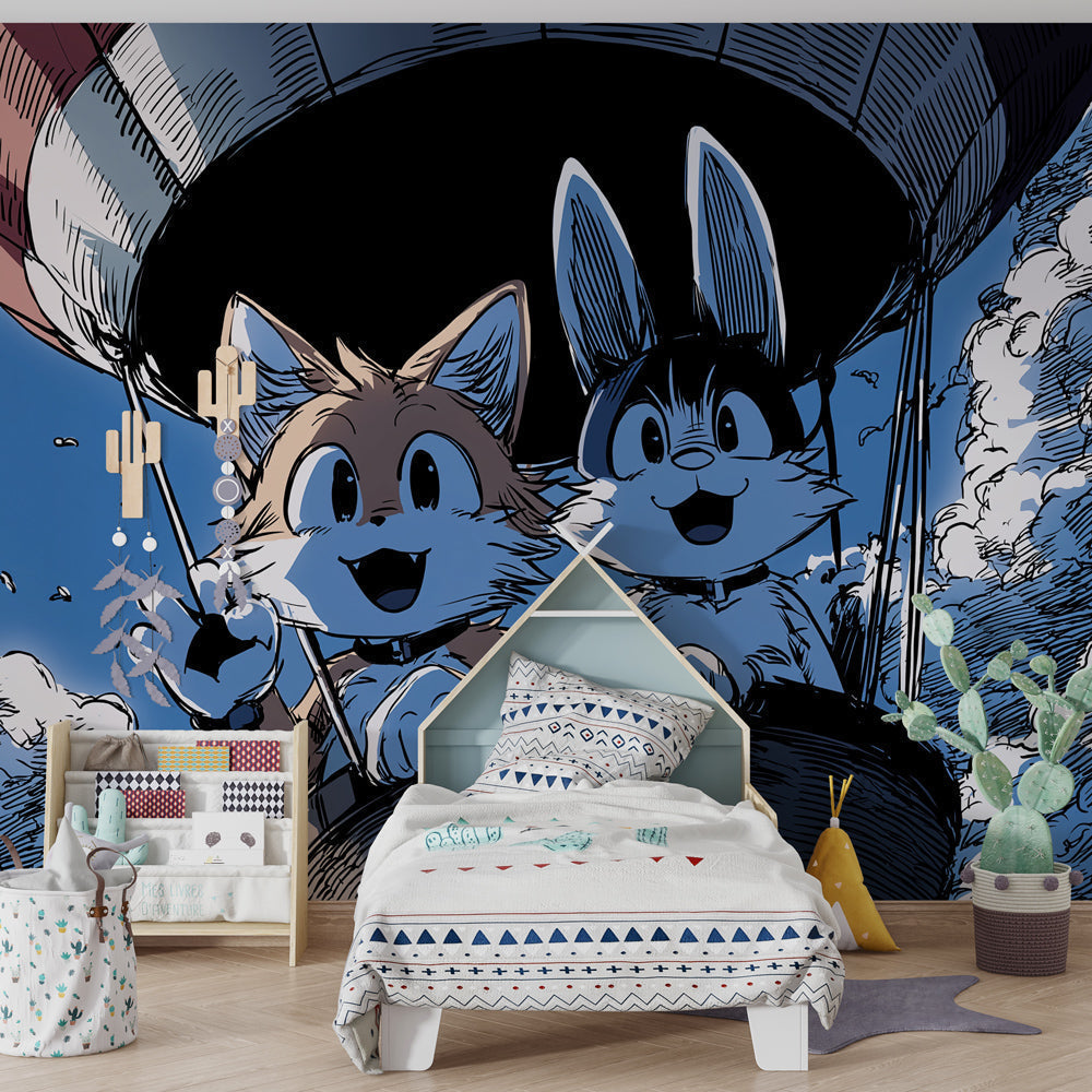 Whimsical hot air balloon mural wallpaper with fox and rabbit for children's playroom by Kids-Mundo