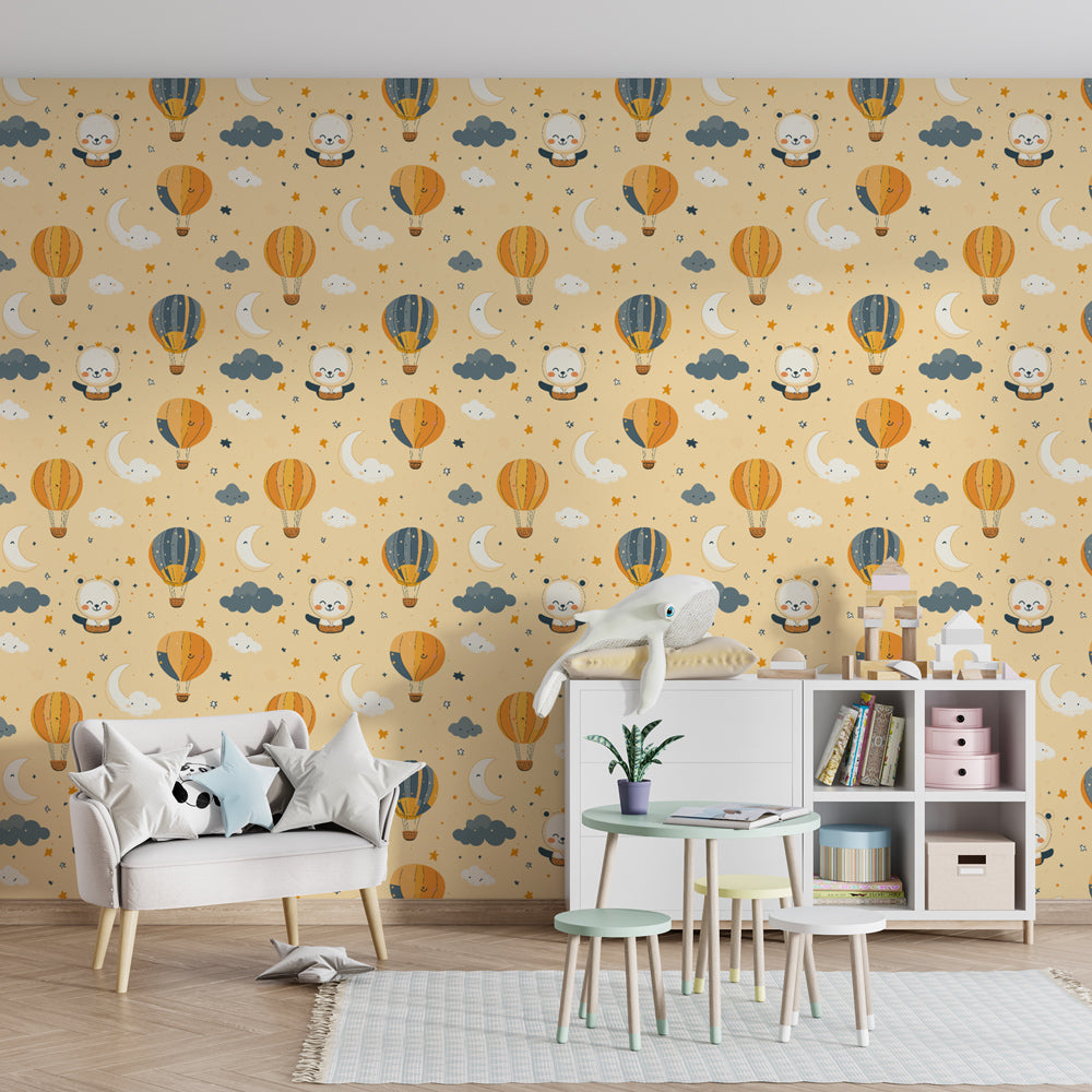 Adventure themed playroom with colorful hot air balloon bear wallpaper by Kids-Mundo