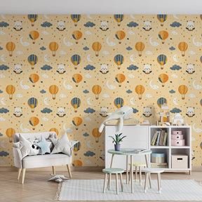 Adventure themed playroom with colorful hot air balloon bear wallpaper by Kids-Mundo