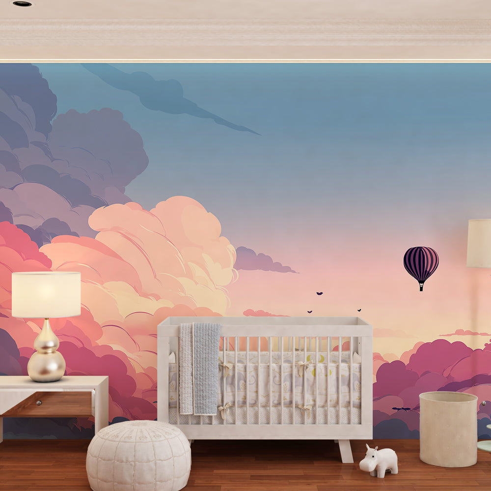 Pastel sky balloon wallpaper transforming children's playroom into magical space