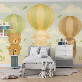 Animal adventure balloon wallpaper transforming playroom into magical sky scene