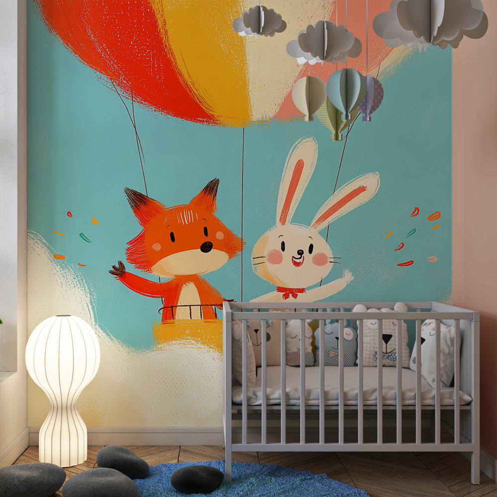 Colorful hot air balloon mural wallpaper creating magical playroom atmosphere for kids