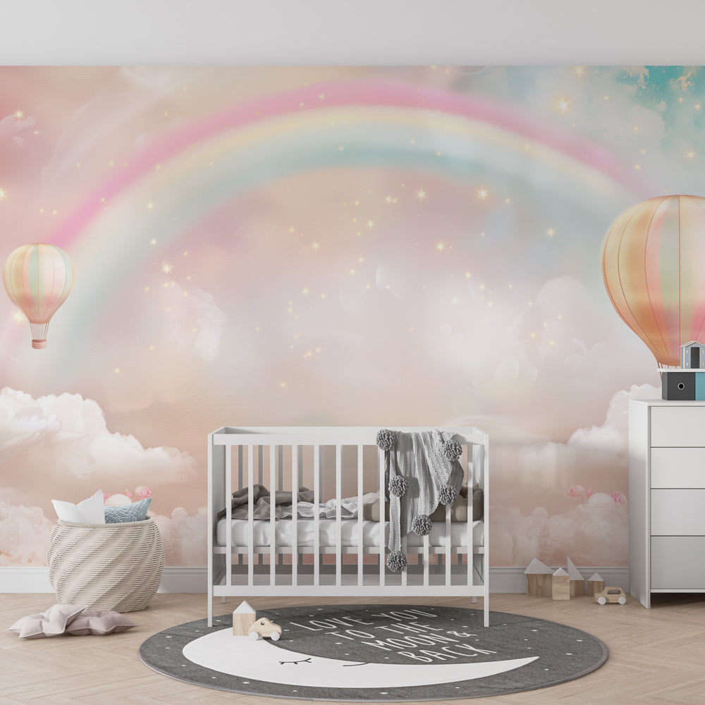 Whimsical hot air balloon mural wallpaper with rainbows in children's playroom setting