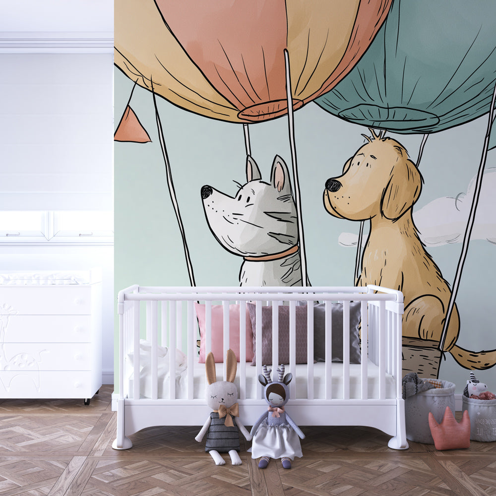 Colorful hot air balloon wallpaper creating whimsical playroom atmosphere for kids