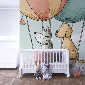 Colorful hot air balloon wallpaper creating whimsical playroom atmosphere for kids