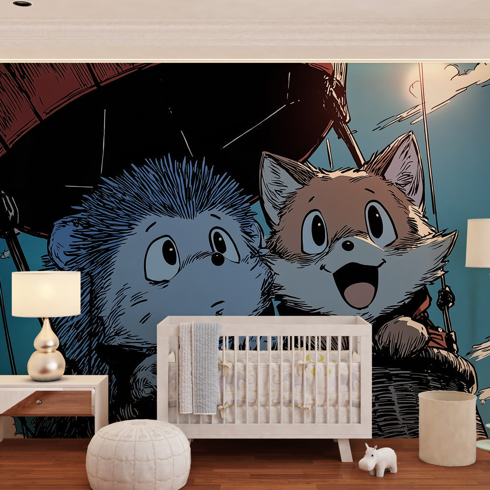 Whimsical hot air balloon mural wallpaper creating magical sky adventure in kids playroom
