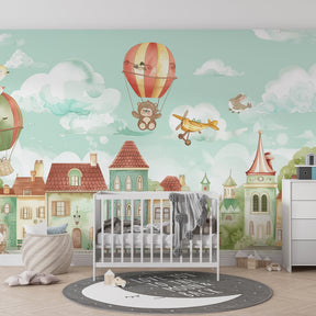 Colorful hot air balloon wallpaper transforming children's playroom with village scene