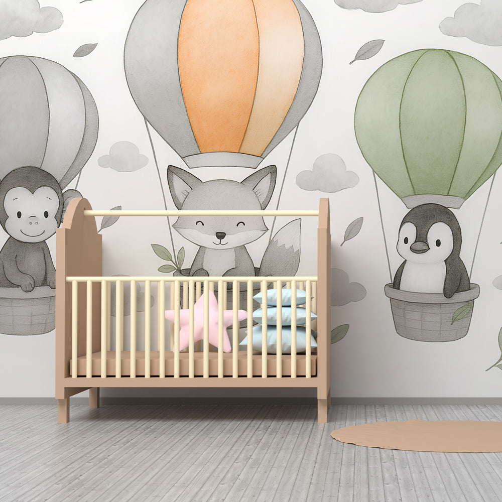 Whimsical animal hot air balloon mural wallpaper creating magical playroom atmosphere for kids