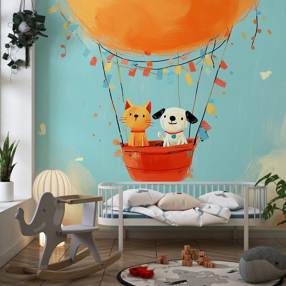 Cat and dog balloon wallpaper transforming children's playroom into adventure zone