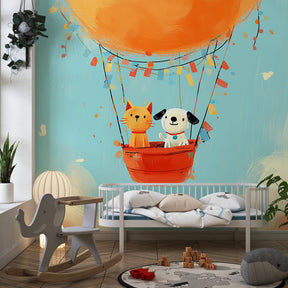 Cat and dog balloon wallpaper transforming children's playroom into adventure zone