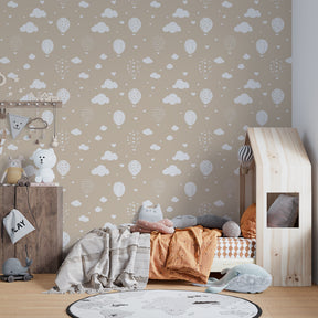 Sky-themed hot air balloon mural wallpaper transforming kids playroom with beige and white tones