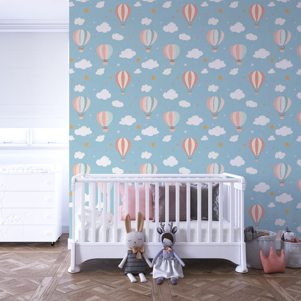 Pastel hot air balloon wallpaper creating magical playroom atmosphere for young adventurers