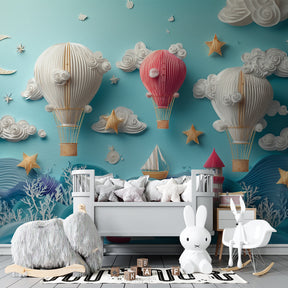 Dreamy ocean adventure wallpaper featuring hot air balloons and lighthouse in children's playroom