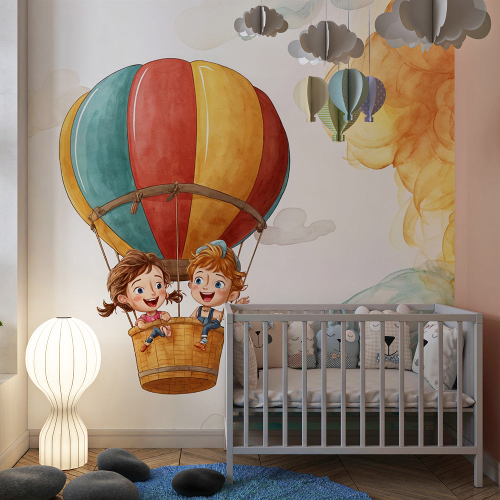 Kids adventure mural wallpaper featuring hot air balloon in bright playroom setting