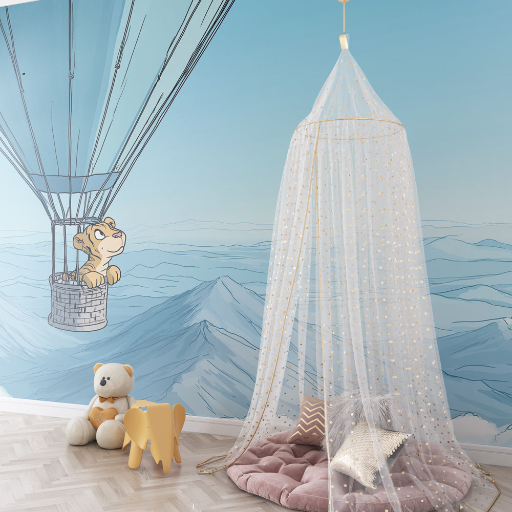 Tiger hot air balloon mural wallpaper inspiring imagination in modern kids playroom setting