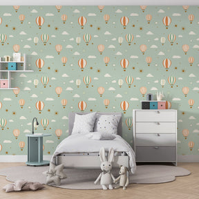 Sky adventure mural wallpaper transforming children's playroom with whimsical balloon theme