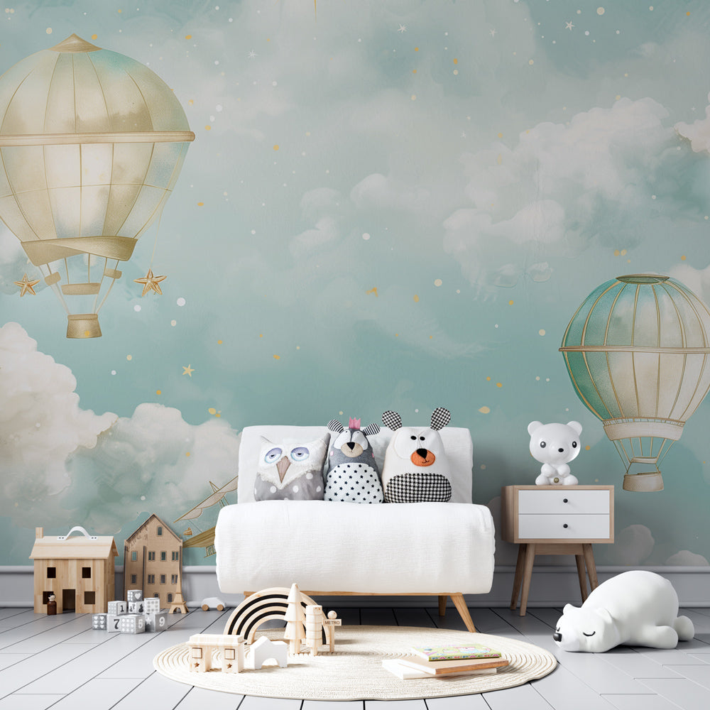 Starry sky hot air balloon mural wallpaper transforming kids playroom into adventure space