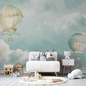 Starry sky hot air balloon mural wallpaper transforming kids playroom into adventure space