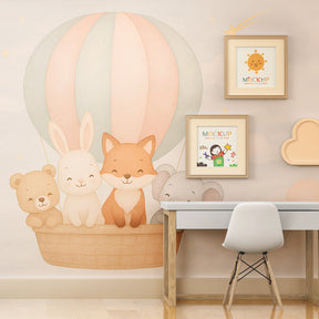 Whimsical balloon and animals mural wallpaper transforming playroom into sky adventure