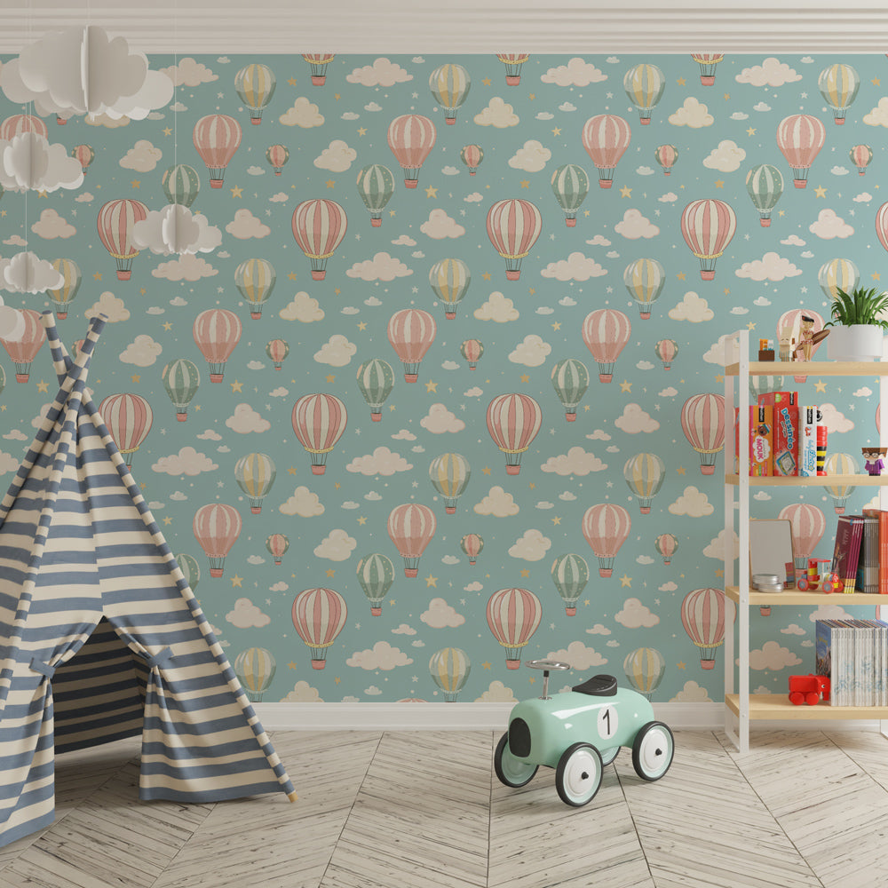 Sky adventure mural wallpaper with hot air balloons for modern kids playroom by Kids-Mundo