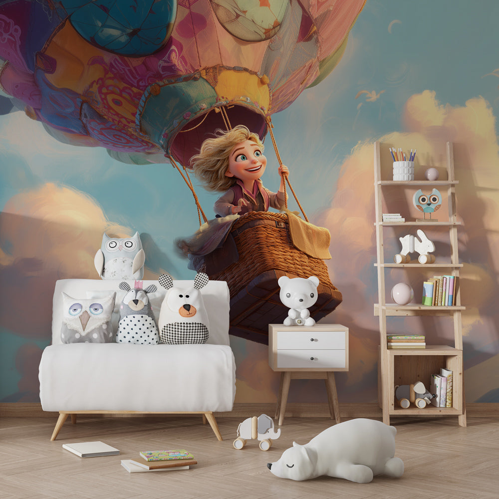 Sky adventure mural wallpaper with hot air balloon creating magical playroom atmosphere