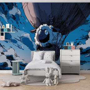 Lamb adventure mural wallpaper creating magical playroom with blue sky theme by Kids-Mundo