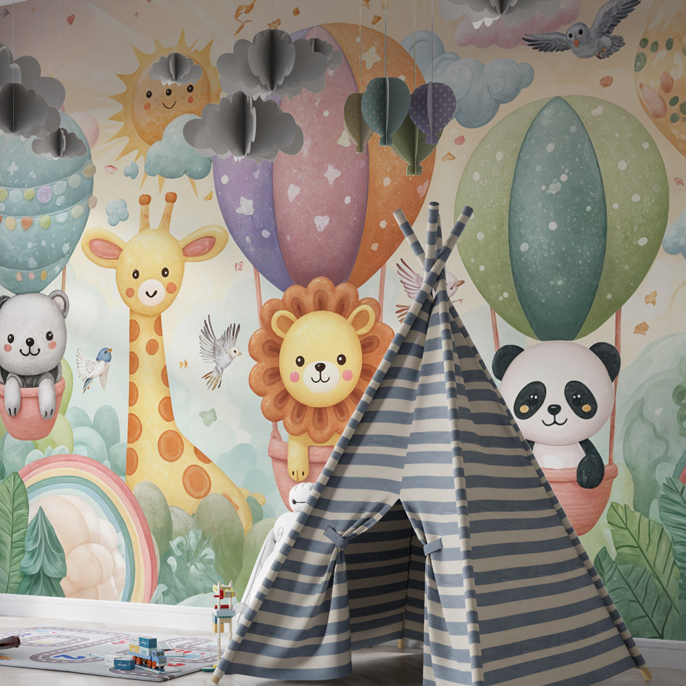 Adventure-themed hot air balloon mural wallpaper with cute animals in modern kids playroom