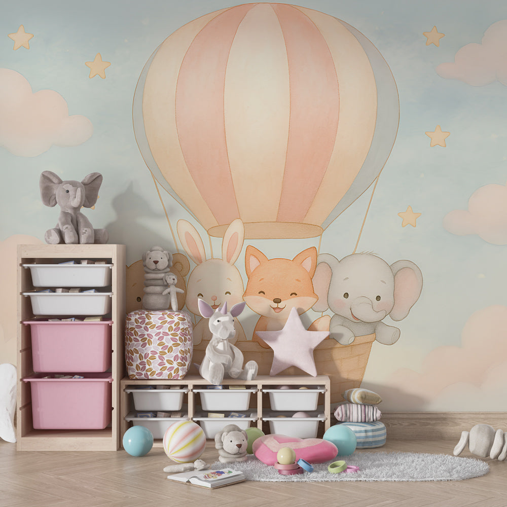 Animal adventure balloon mural wallpaper with pastel clouds in toddler room by Kids-Mundo