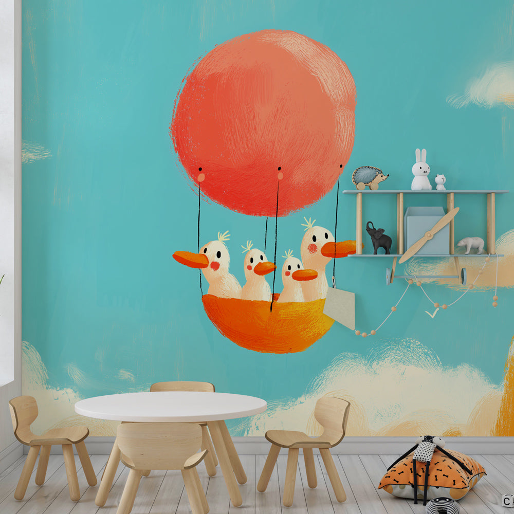Colorful hot air balloon mural wallpaper transforming toddler room into sky adventure