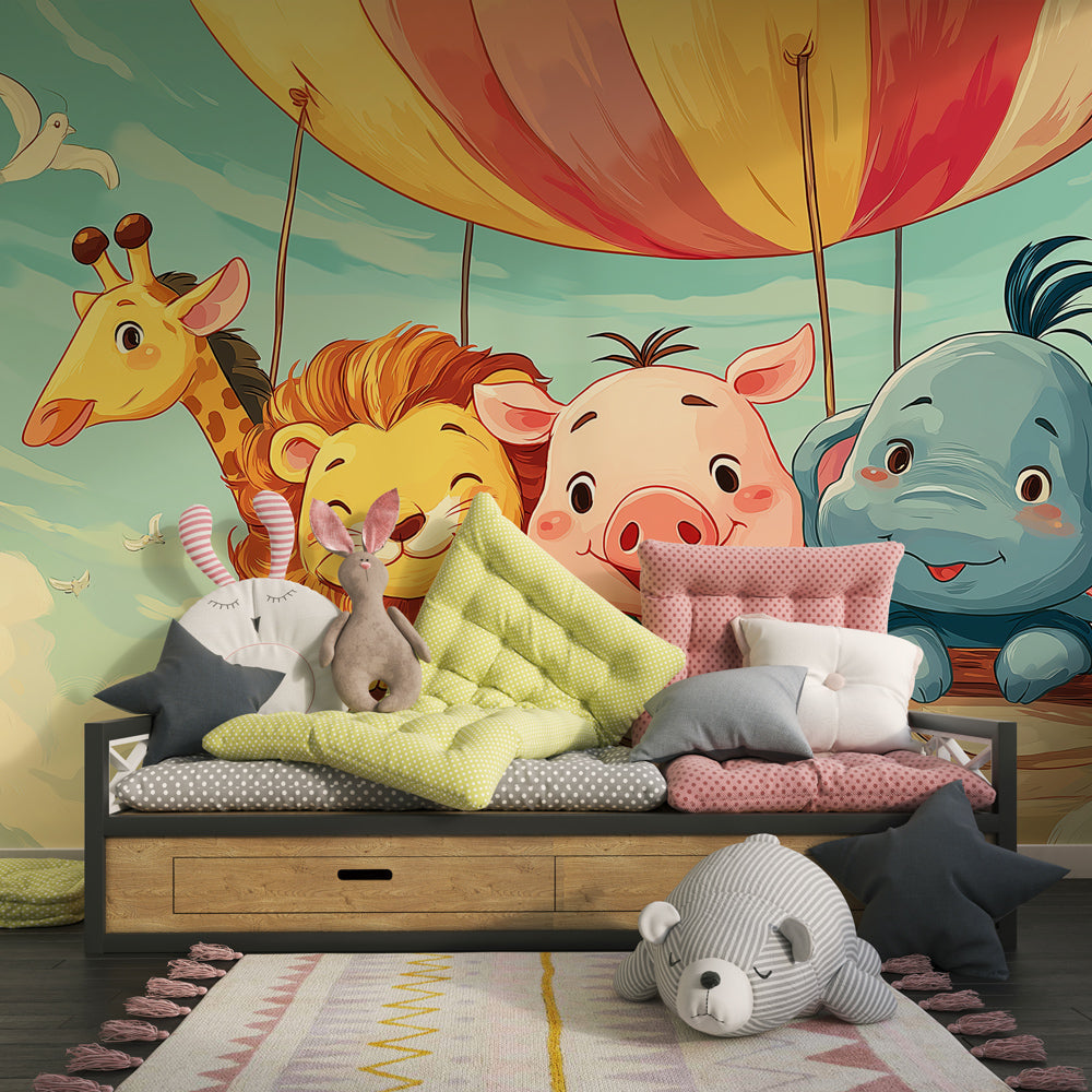 Animal hot air balloon wallpaper creating dreamy sky atmosphere in toddler bedroom
