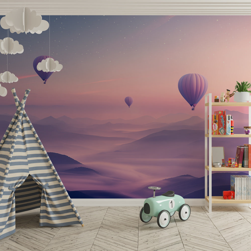 Pastel sky balloon wallpaper creating magical atmosphere in children's bedroom decor