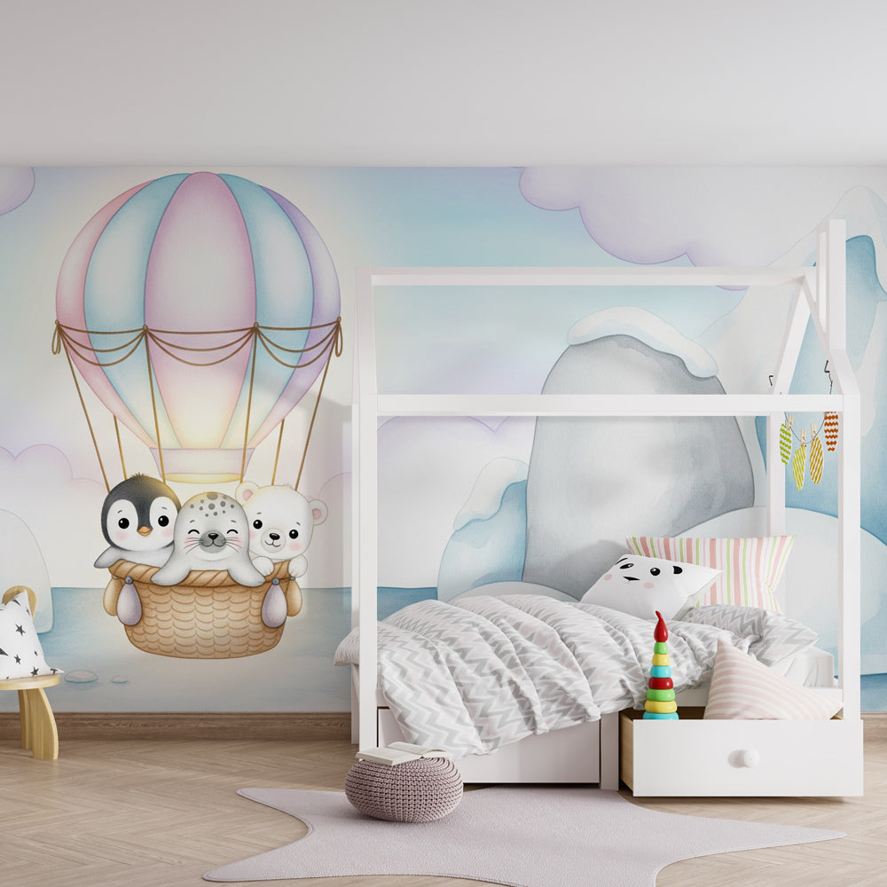 Whimsical hot air balloon wallpaper with penguin seal bear for toddler room by Kids-Mundo