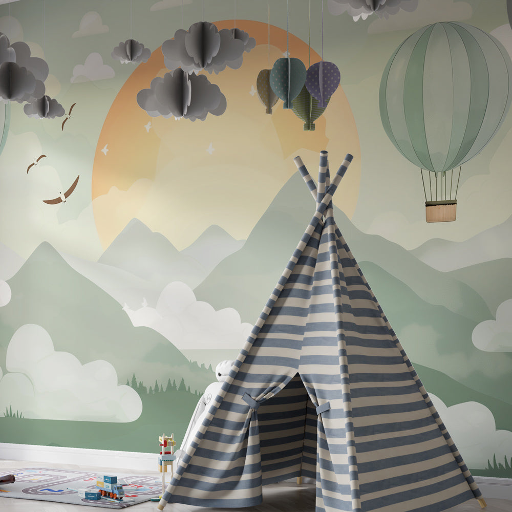 Green mountain landscape wallpaper transforming toddler room into adventure zone