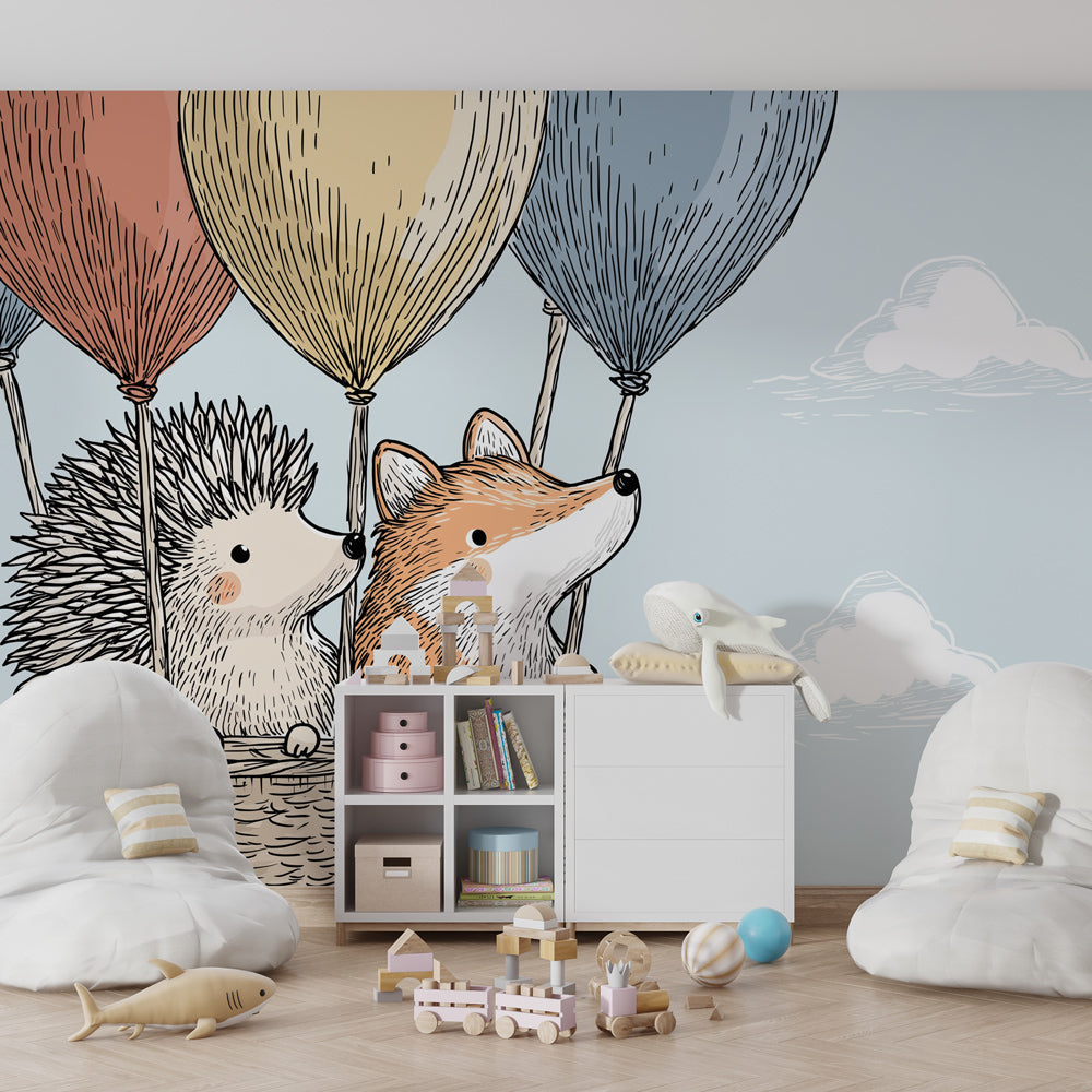 Cloud and sky themed mural wallpaper transforming toddler room into adventure zone