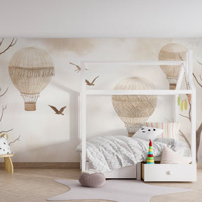 Elegant vintage balloon mural wallpaper transforming modern kids room by Kids-Mundo