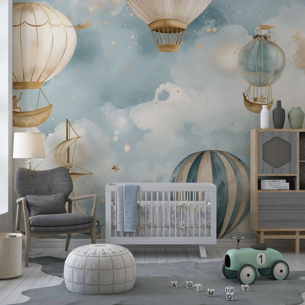 Kids-Mundo dreamy sky mural wallpaper with hot air balloons and stars in a children's bedroom