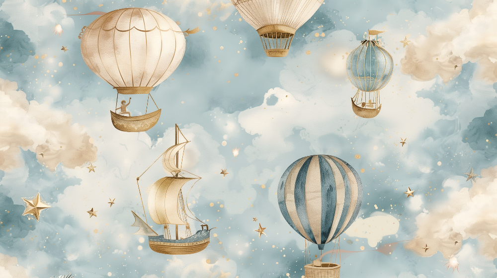 Kids-Mundo watercolor hot air balloon and sailing ship flat artwork design with gold stars and clouds