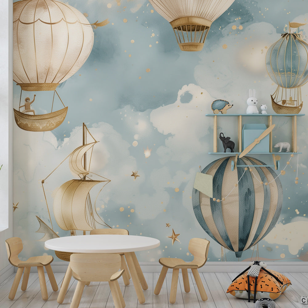 Kids-Mundo hot air balloon and ship wall mural wallpaper brightening a playful kids' playroom