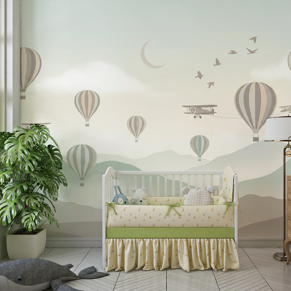 Kids-Mundo balloons and biplanes sky mural covering a feature wall in a calm kids' bedroom