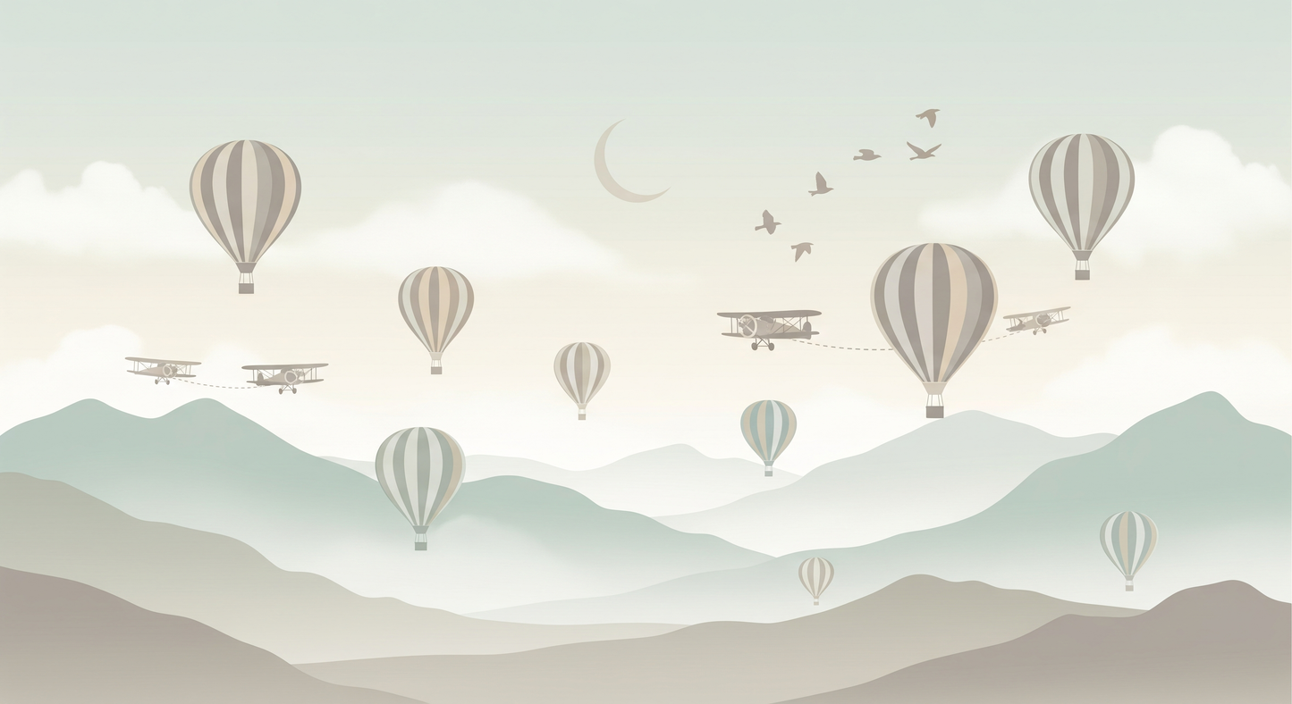 Kids-Mundo flat artwork of hot air balloons, biplanes and birds crossing a soft sage mountain sky
