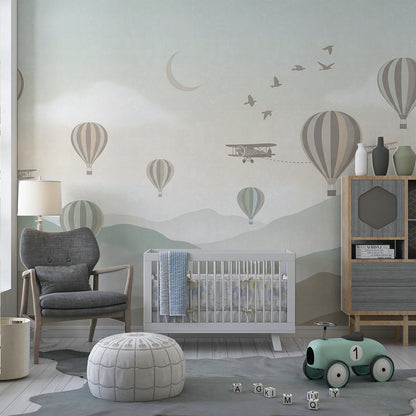 Kids-Mundo hot air balloon sky wall mural with biplanes and birds in a bright children's playroom