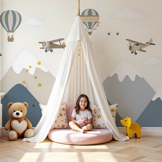 Kids-Mundo hot air balloon wall mural floating gently above a calm nursery scene.