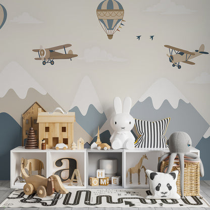 Kids-Mundo mountain balloon wall mural adding adventure to a bright playroom wall.