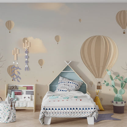 Kids-Mundo hot air balloon wall mural brightening a calm children's playroom