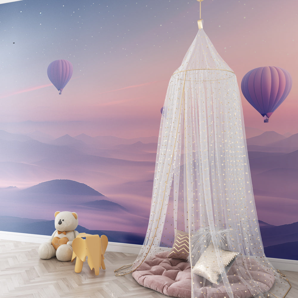 Kids-Mundo hot air balloons wall mural adding a soft, magical mood to a playroom.