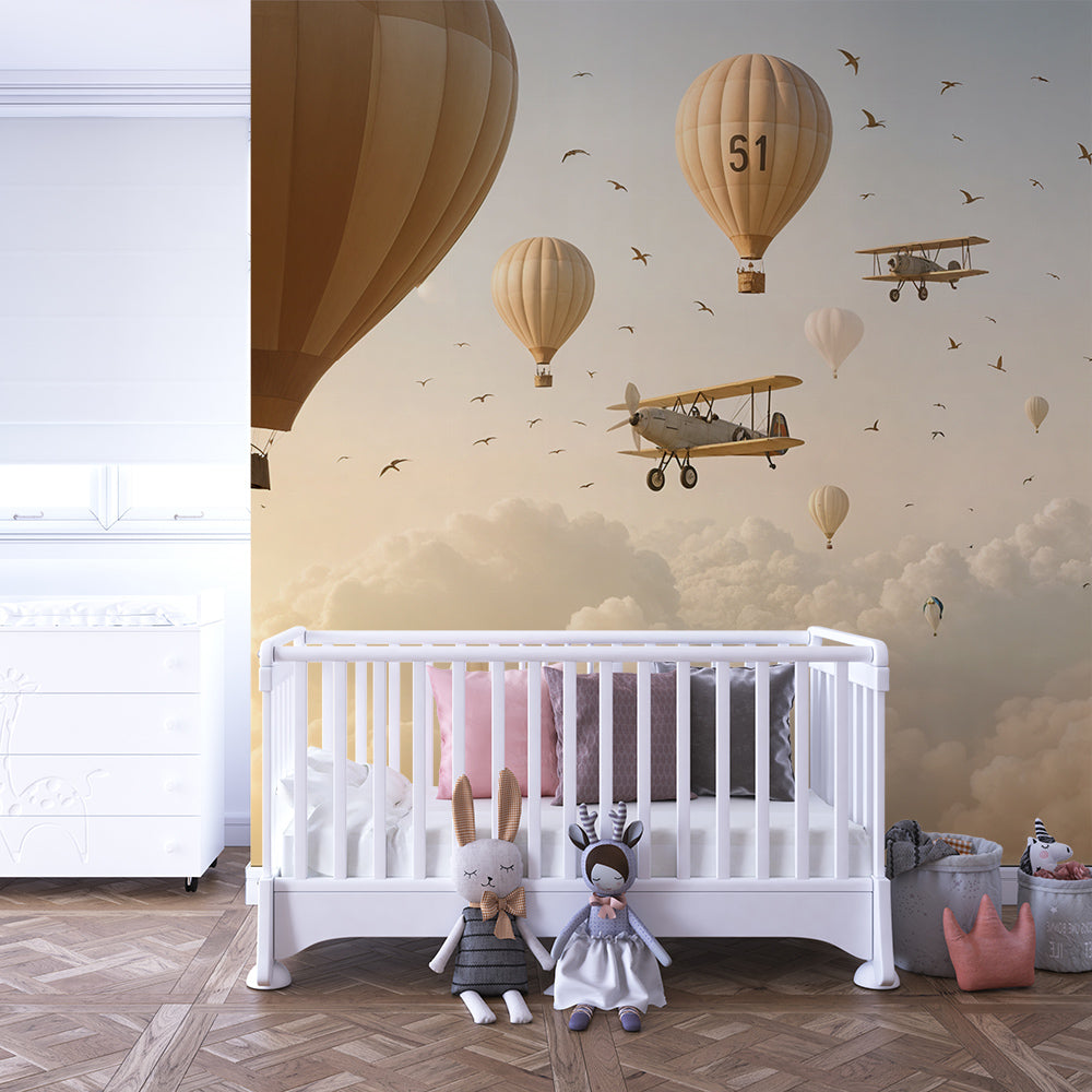 Kids-Mundo vintage hot air balloons wall mural covering a feature wall in a kids bedroom