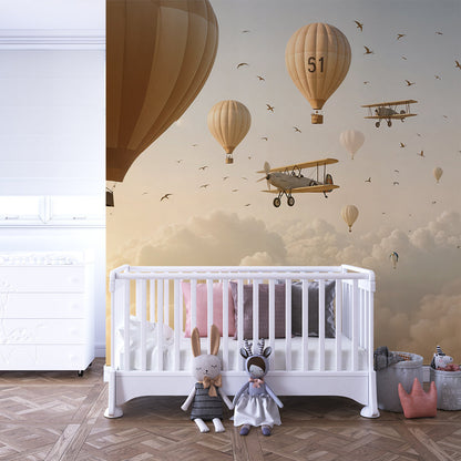 Kids-Mundo vintage hot air balloons wall mural covering a feature wall in a kids bedroom