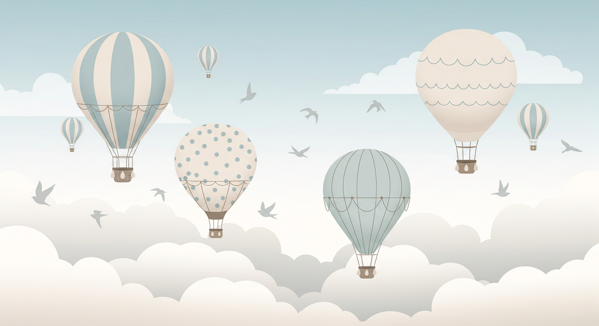 Flat artwork preview of the Kids-Mundo hot air balloons wall mural design in soft pastels.