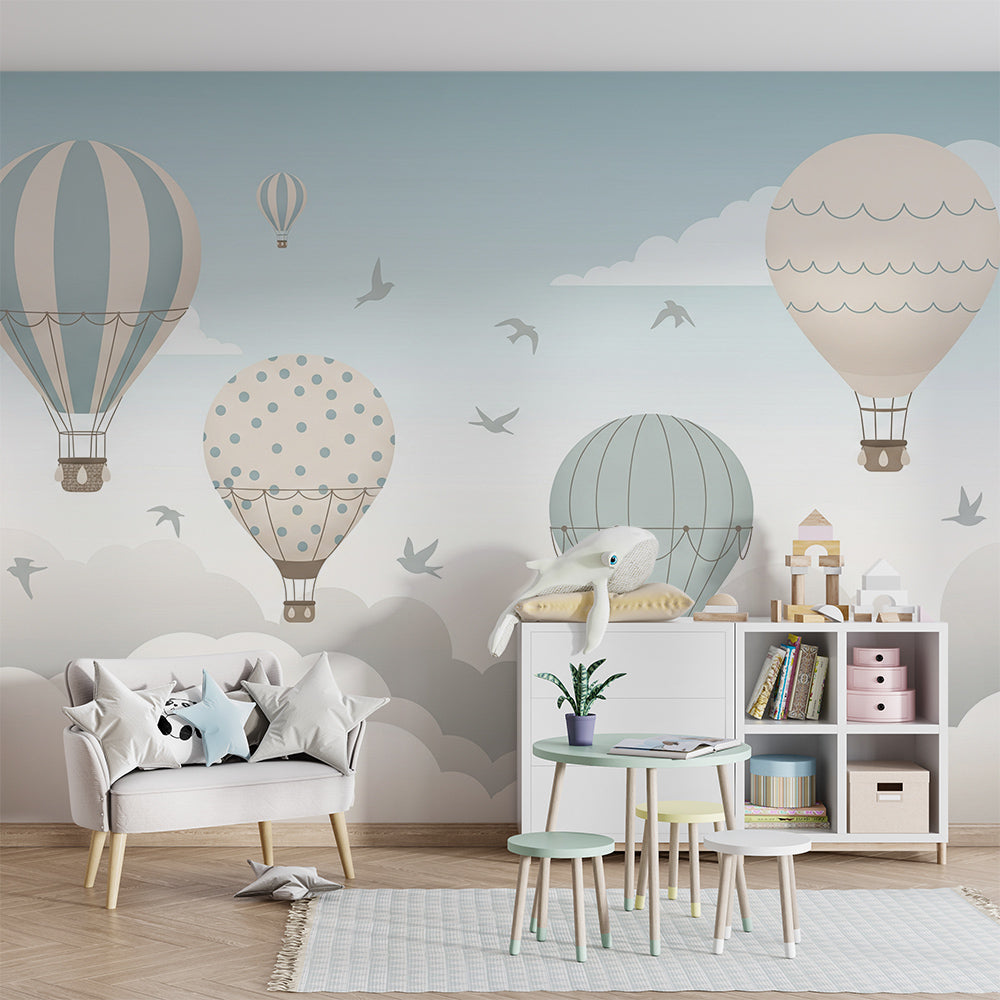 Kids-Mundo hot air balloons wall mural bringing gentle adventure to a playroom wall.