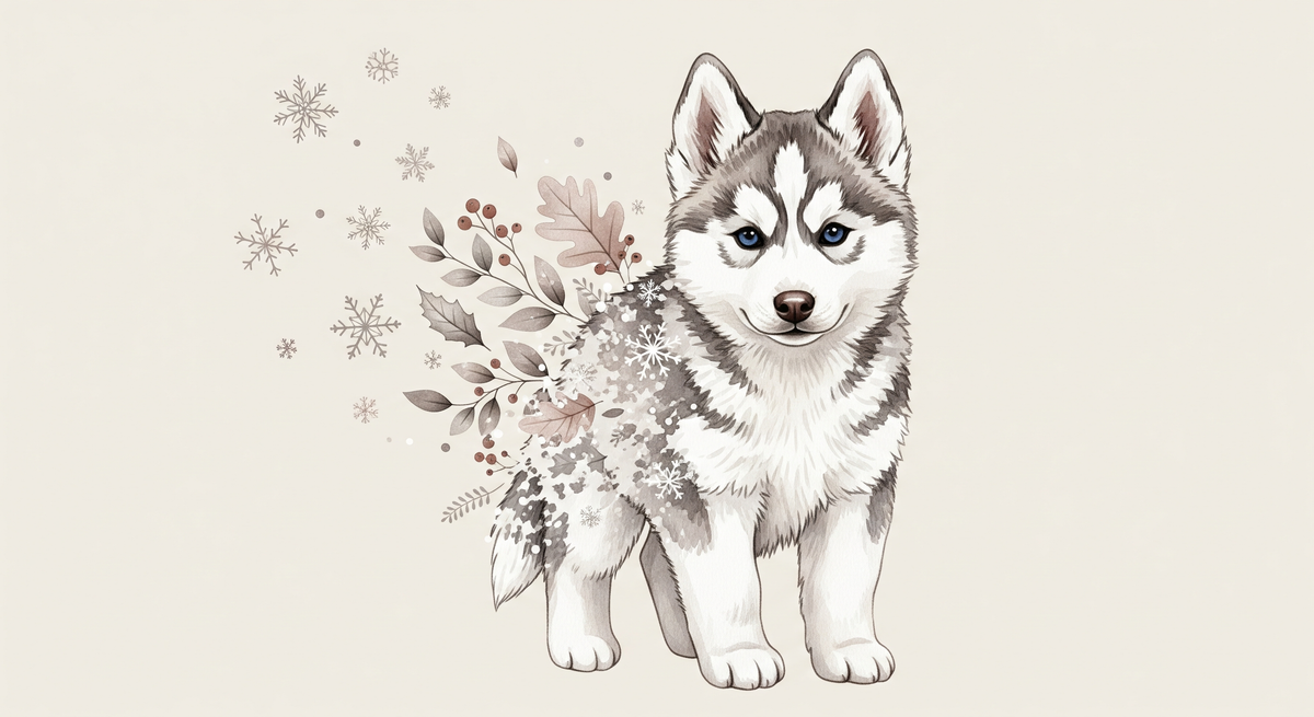 Husky Puppy with Snowflakes Wall Mural